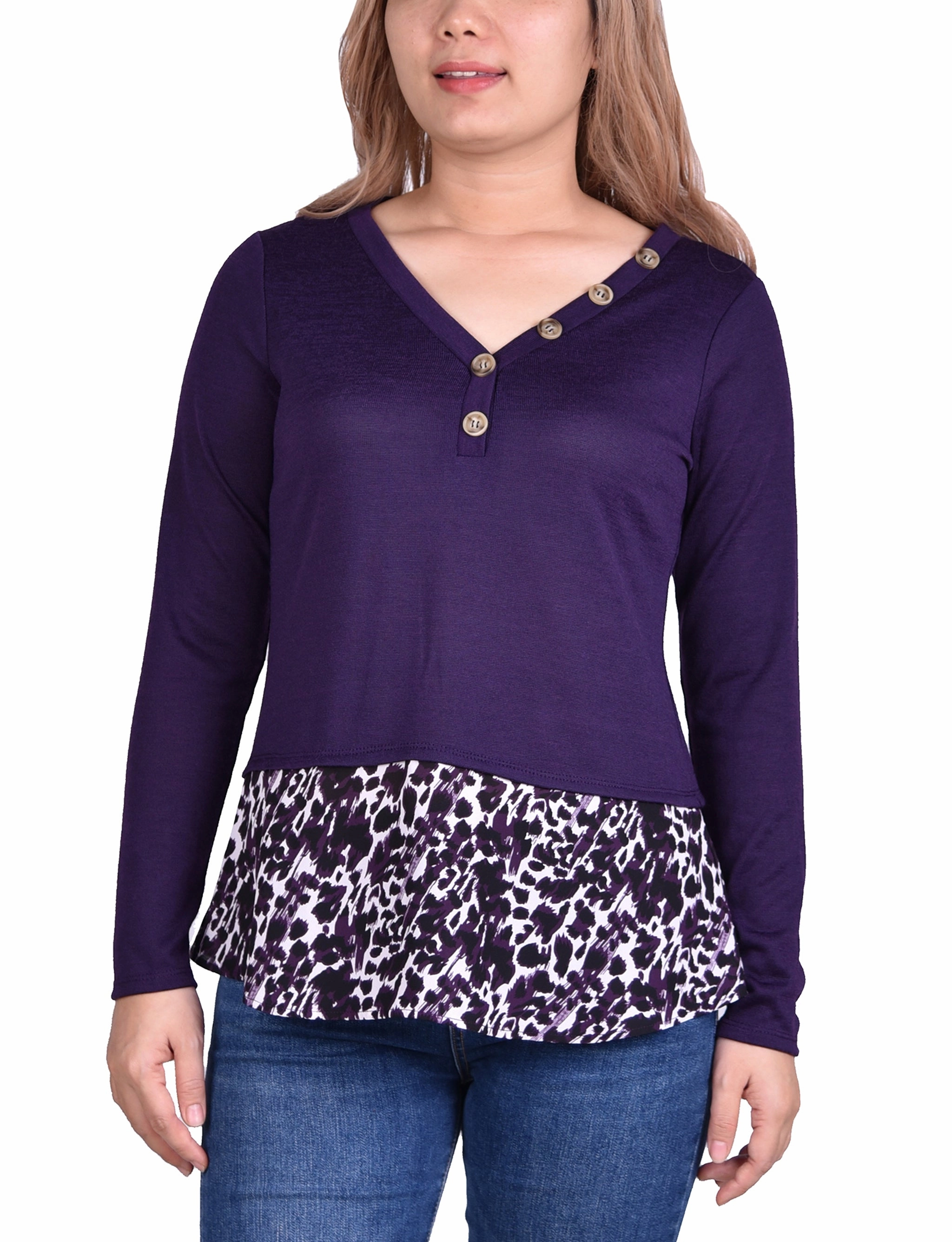 Hacci Top With Printed Hem Inset Button Down Collar Style