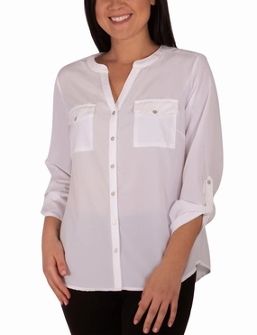 Solid Mandarin Collar Y Neck Blouse With Ruched Tabbed Sleeves Weighted Hem