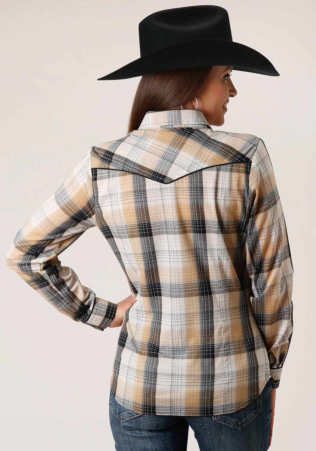 Smooth Stitch Pattern Camouflage Print Roper Womens 1514 Plaid Black/White Cotton Blend L/S Shirt