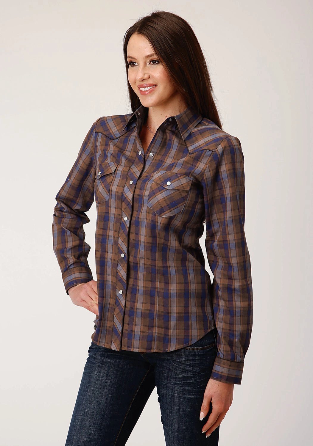 Double Needle Hemming Polished Look Roper Womens Camel Brown Plaid Blue Cotton Blend L/S Shirt
