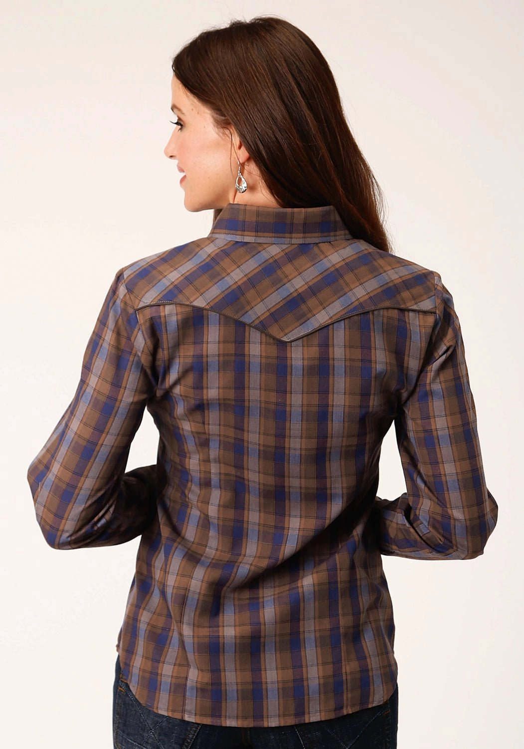 High Neck Roper Womens Camel Brown Plaid Blue Cotton Blend L/S Shirt