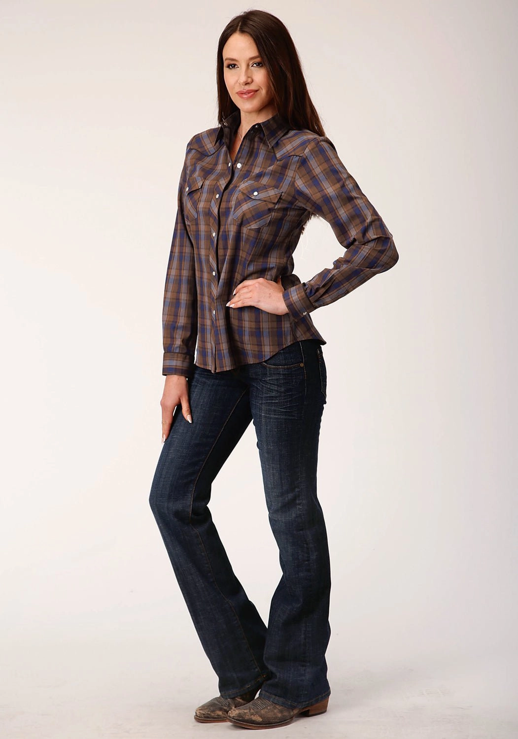 Subtle Details Durable Texture Roper Womens Camel Brown Plaid Blue Cotton Blend L/S Shirt