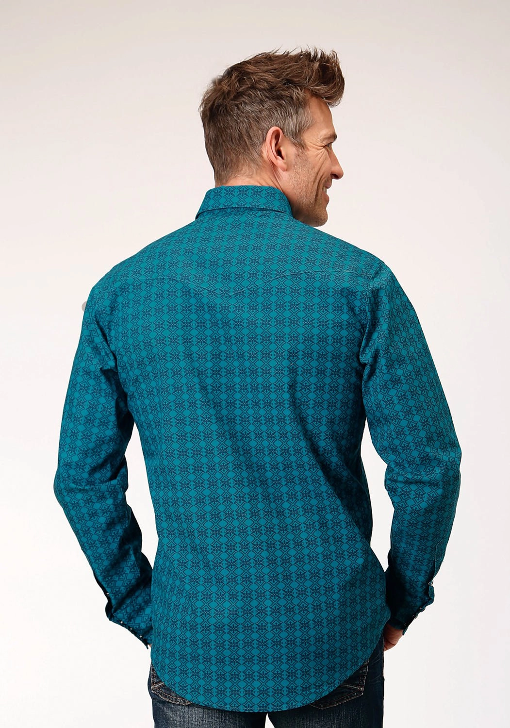 V-Neck Roper Mens Tiles Print Green 100% Cotton L/S Shirt