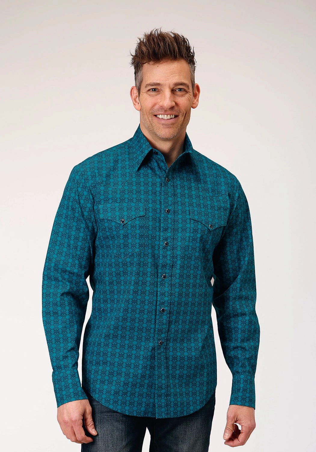 Date night Pocket Detailing Roper Mens Tiles Print Green 100% Cotton L/S Shirt