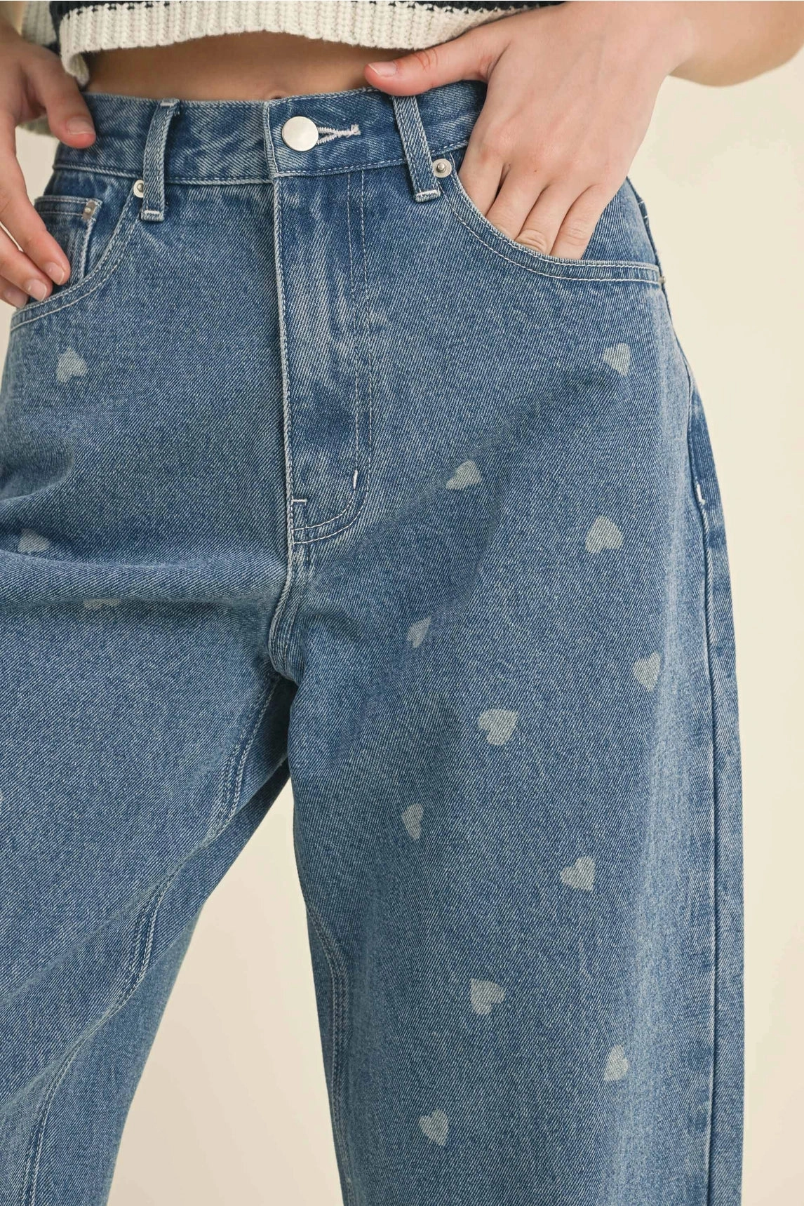 Heart Printed Denim Jeans Smooth Fit Lining Walk Friendly