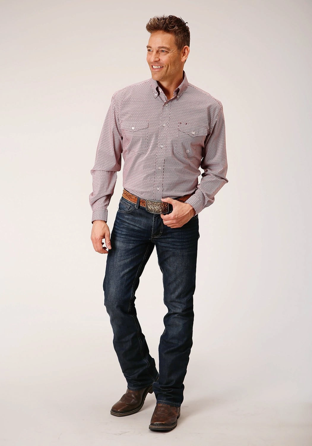 Social Meetup Durable Buttons Roper Mens Climbing Diamond Red Cotton Blend L/S Shirt