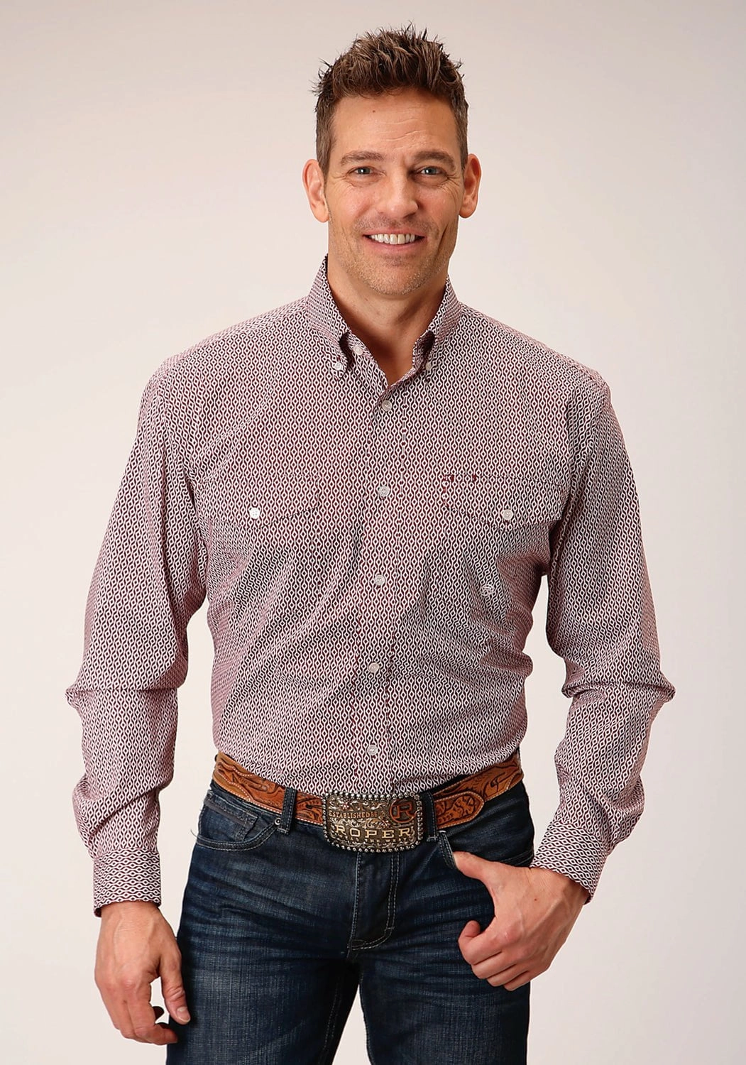 Roper Mens Climbing Diamond Red Cotton Blend L/S Shirt Embellished Neckline Travel Essential