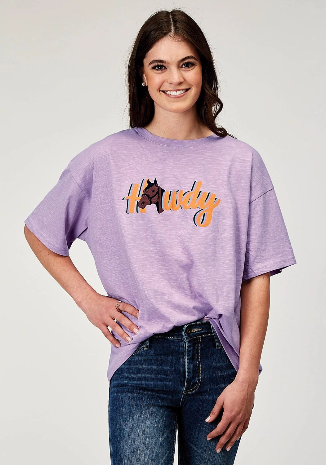 Roper Womens Howdy Horse Lilac 100% Cotton S/S T-Shirt Stylish Detail