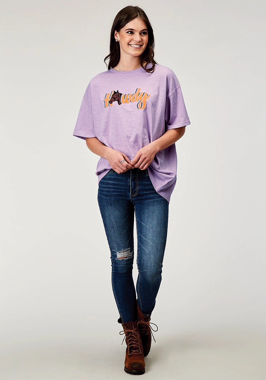 Trendy Pattern Reinforced Shoulders Roper Womens Howdy Horse Lilac 100% Cotton S/S T-Shirt