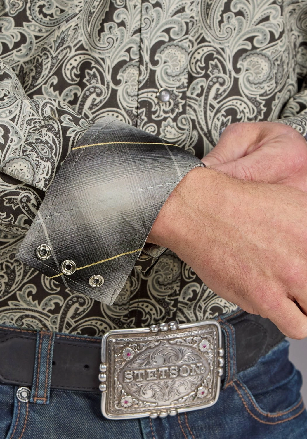 Moisture Wicking Layer Earthy Palette Stetson Mens 2235 Silver Paisley Grey 100% Cotton L/S Shirt