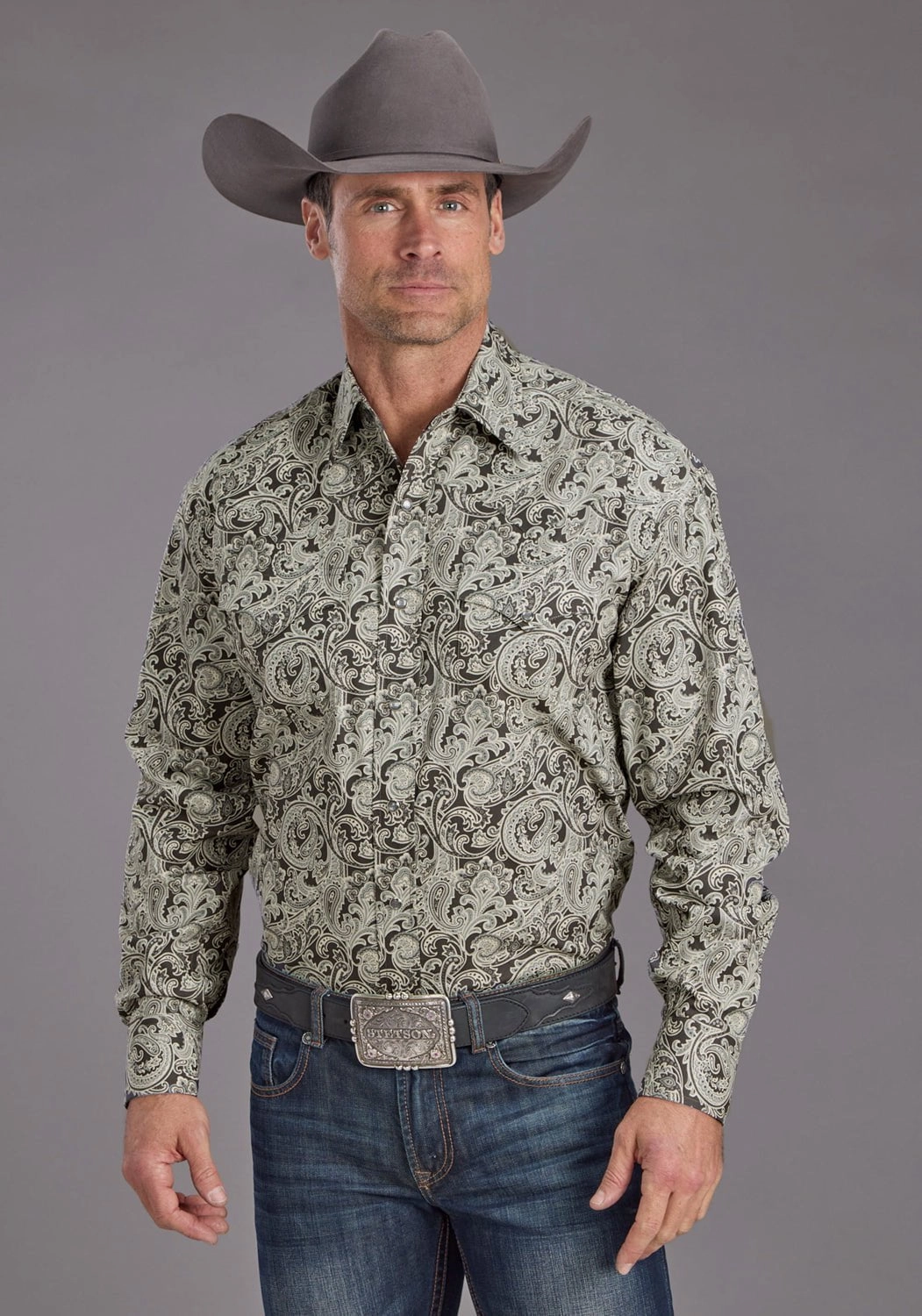 Fashionable Pick Functional Pocket Stetson Mens 2235 Silver Paisley Grey 100% Cotton L/S Shirt