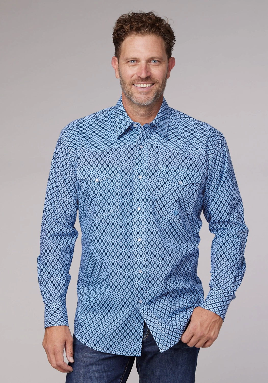 Roper Mens 2023 Foulard Blue 100% Cotton L/S Shirt Hidden Button Placket Tall Option