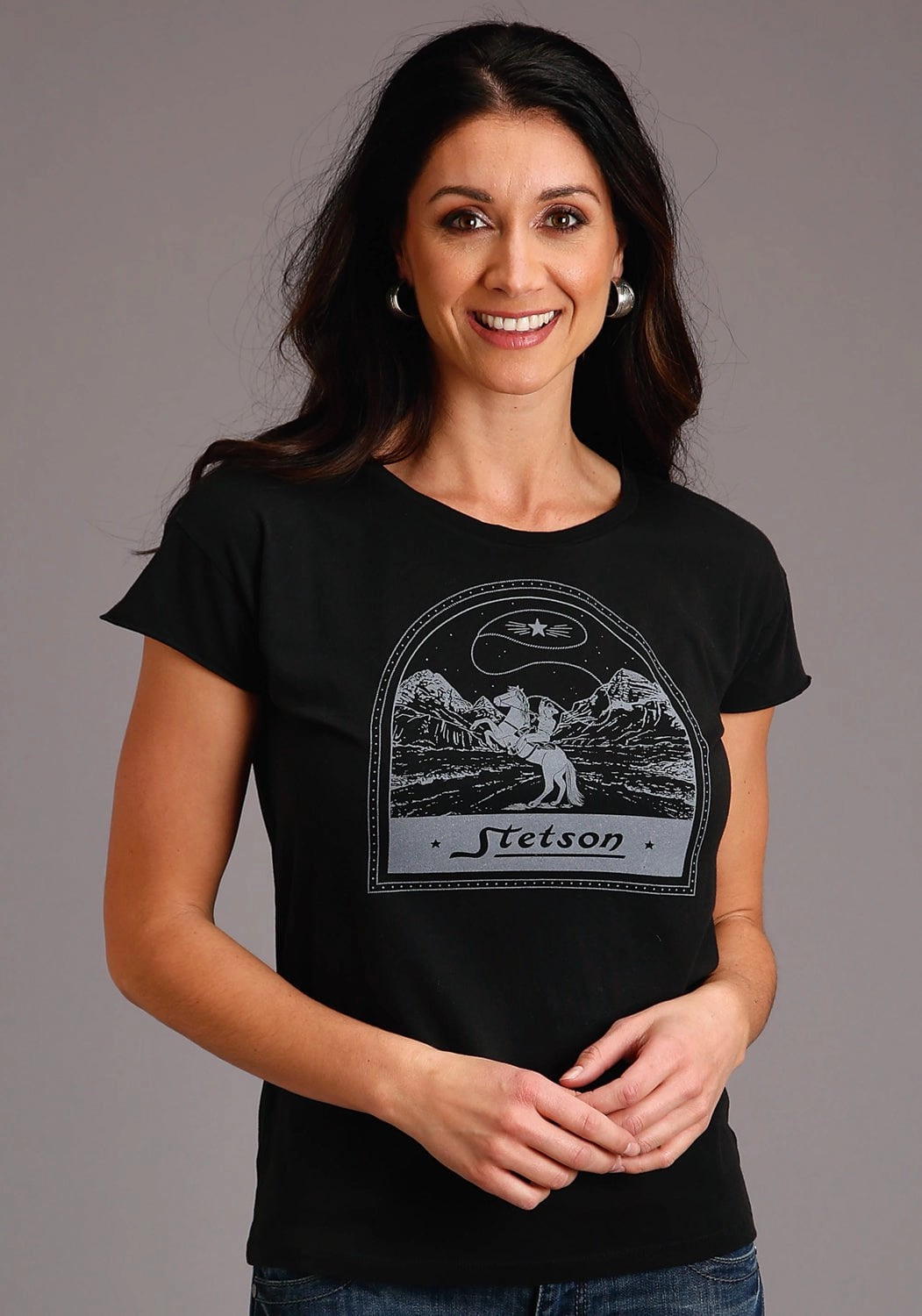 Stetson Womens Black 100% Cotton Cowboy Lasso S/S T-Shirt Wrinkle-Resistant