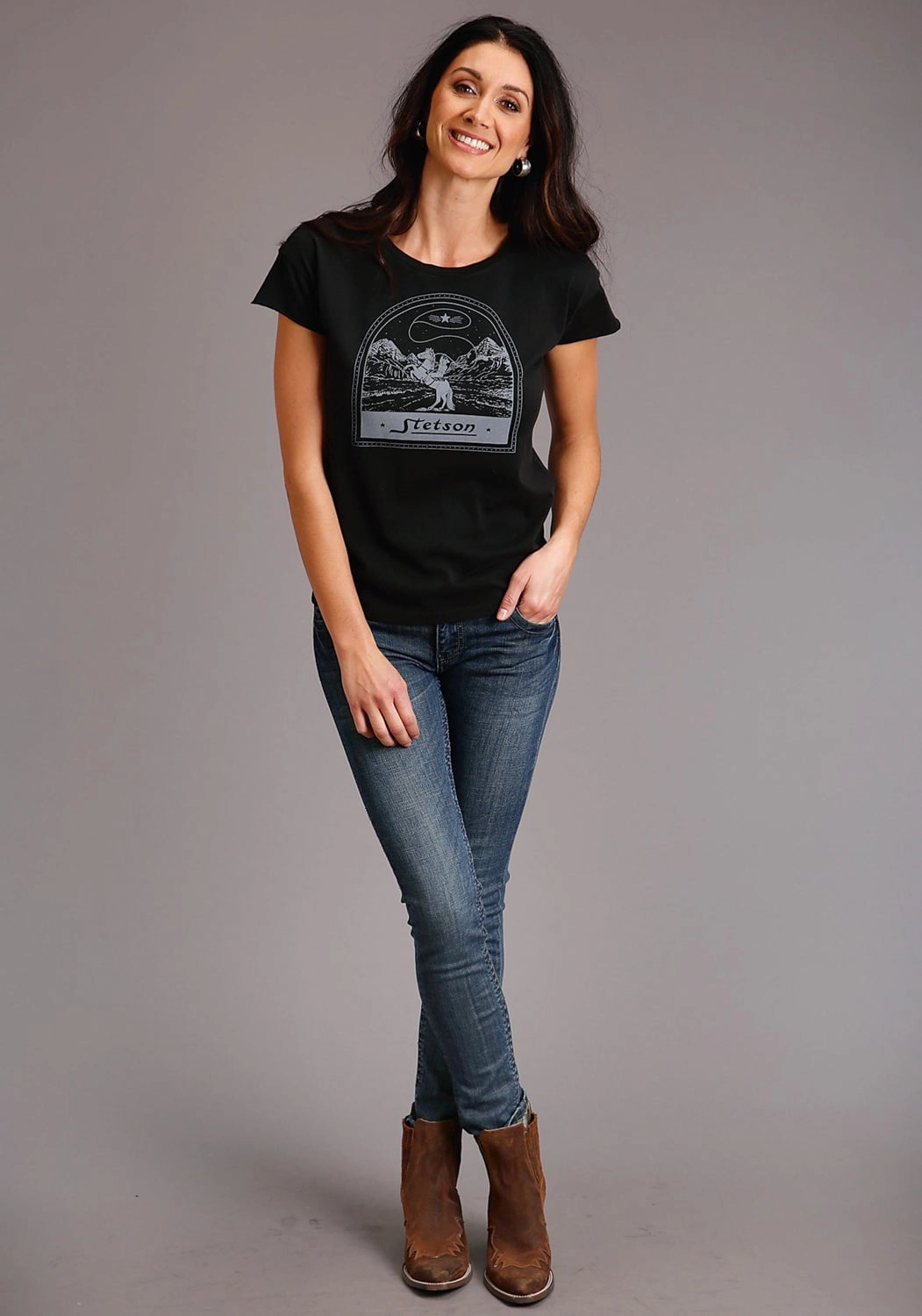 Stetson Womens Black 100% Cotton Cowboy Lasso S/S T-Shirt Job Interview