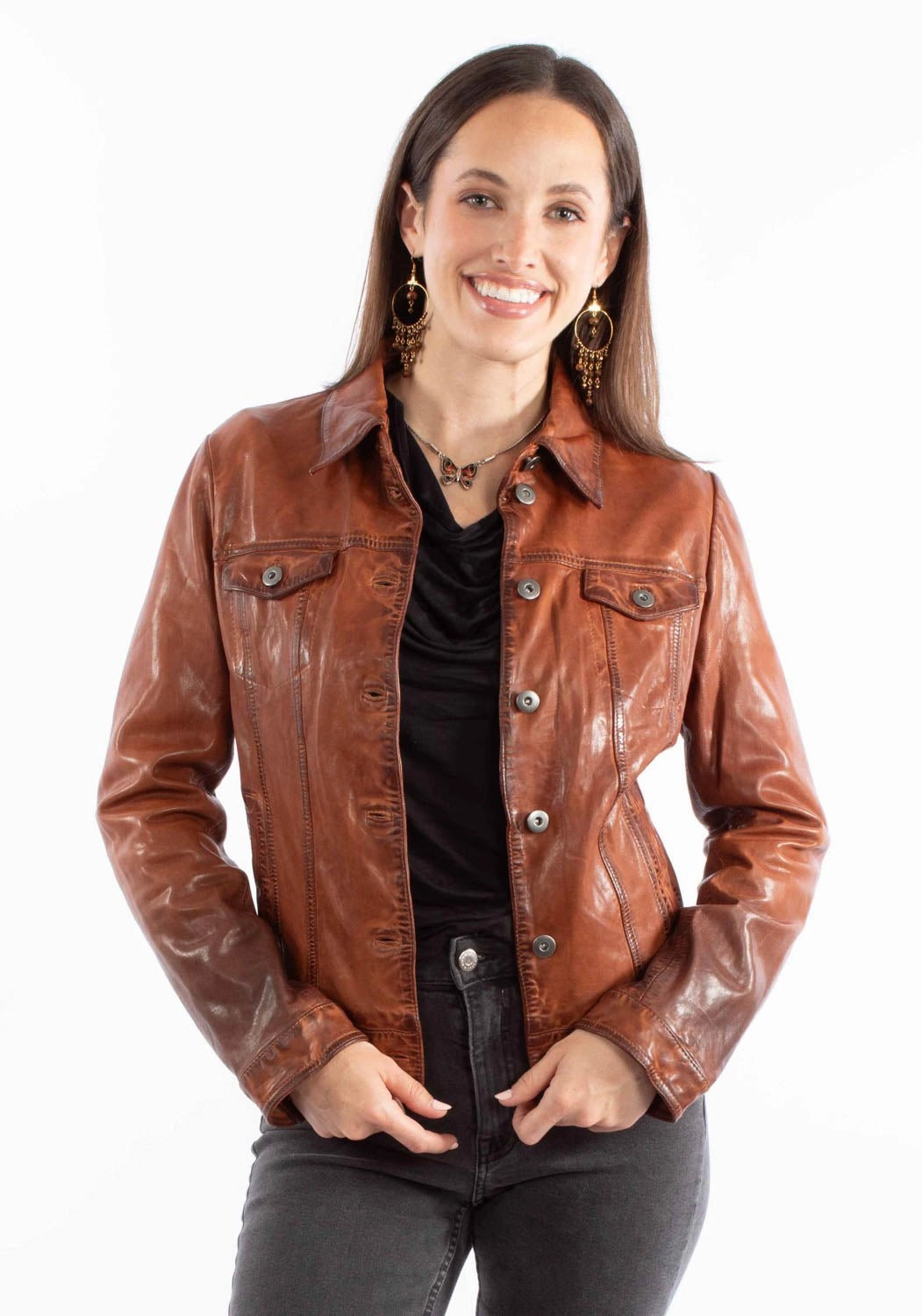 Crisp Air Piece Tailored Cut Style Scully Womens Washed Crinkle Vintage Brown Leather Leather Jacket