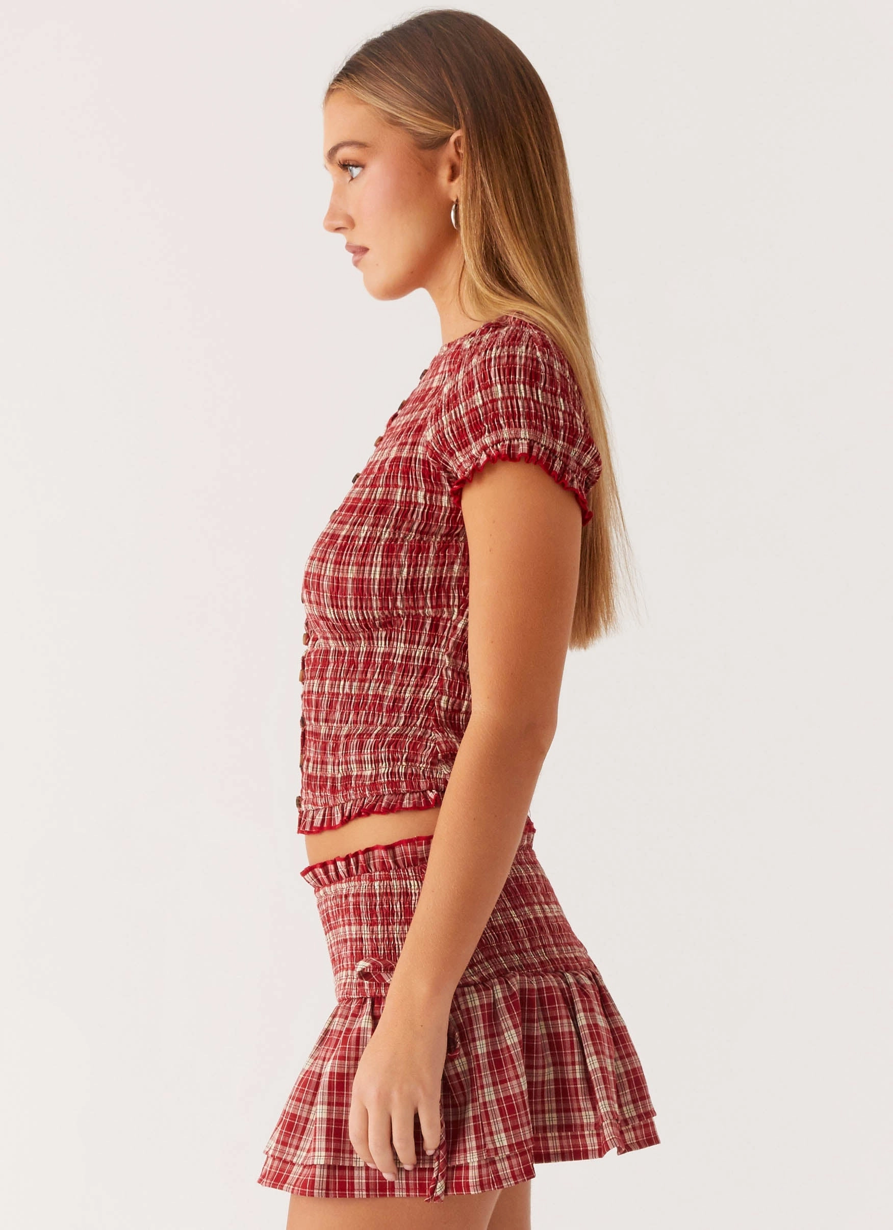 Curved Hemline Lenore Button Top - Ruby Check