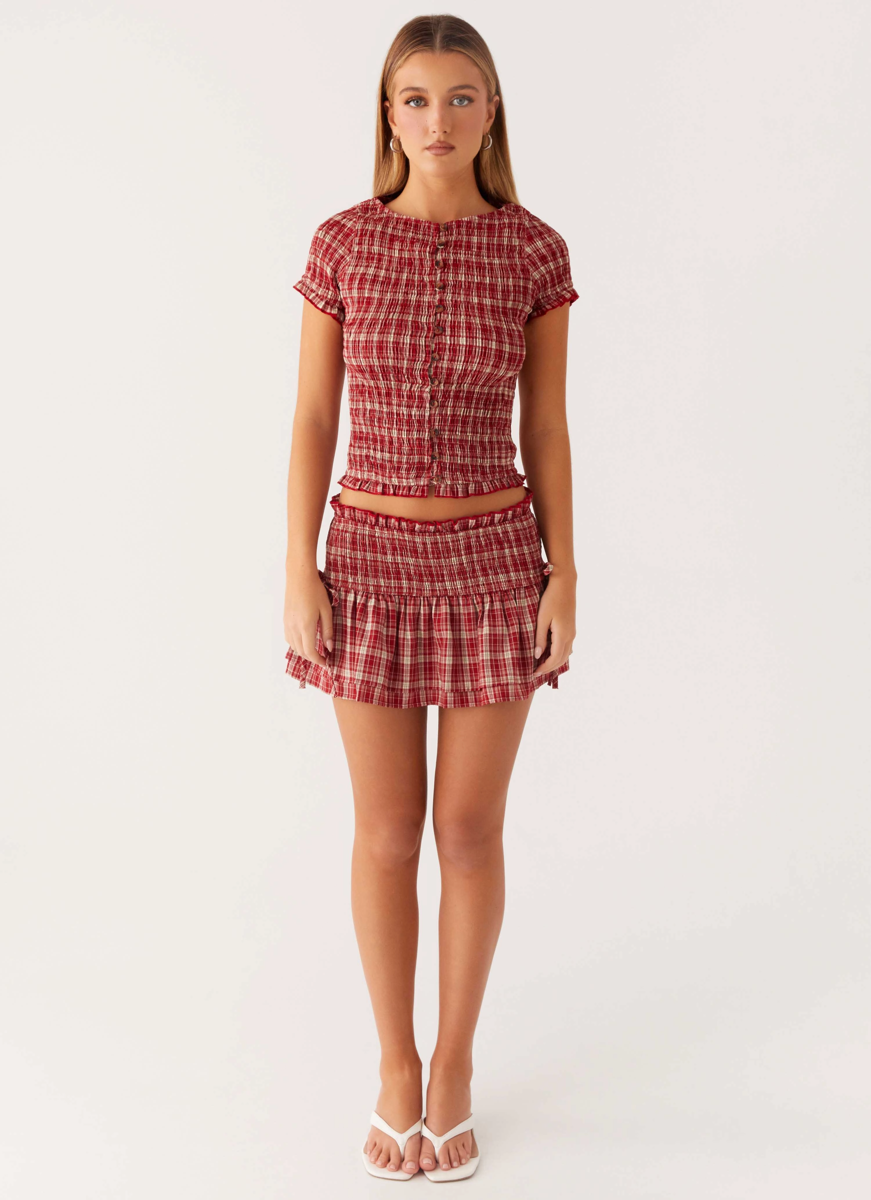 Lenore Button Top - Ruby Check HighStretchElastic