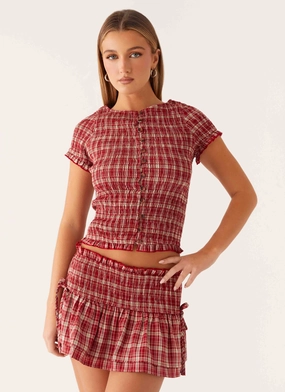 Lenore Button Top - Ruby Check Reinforced Stitching