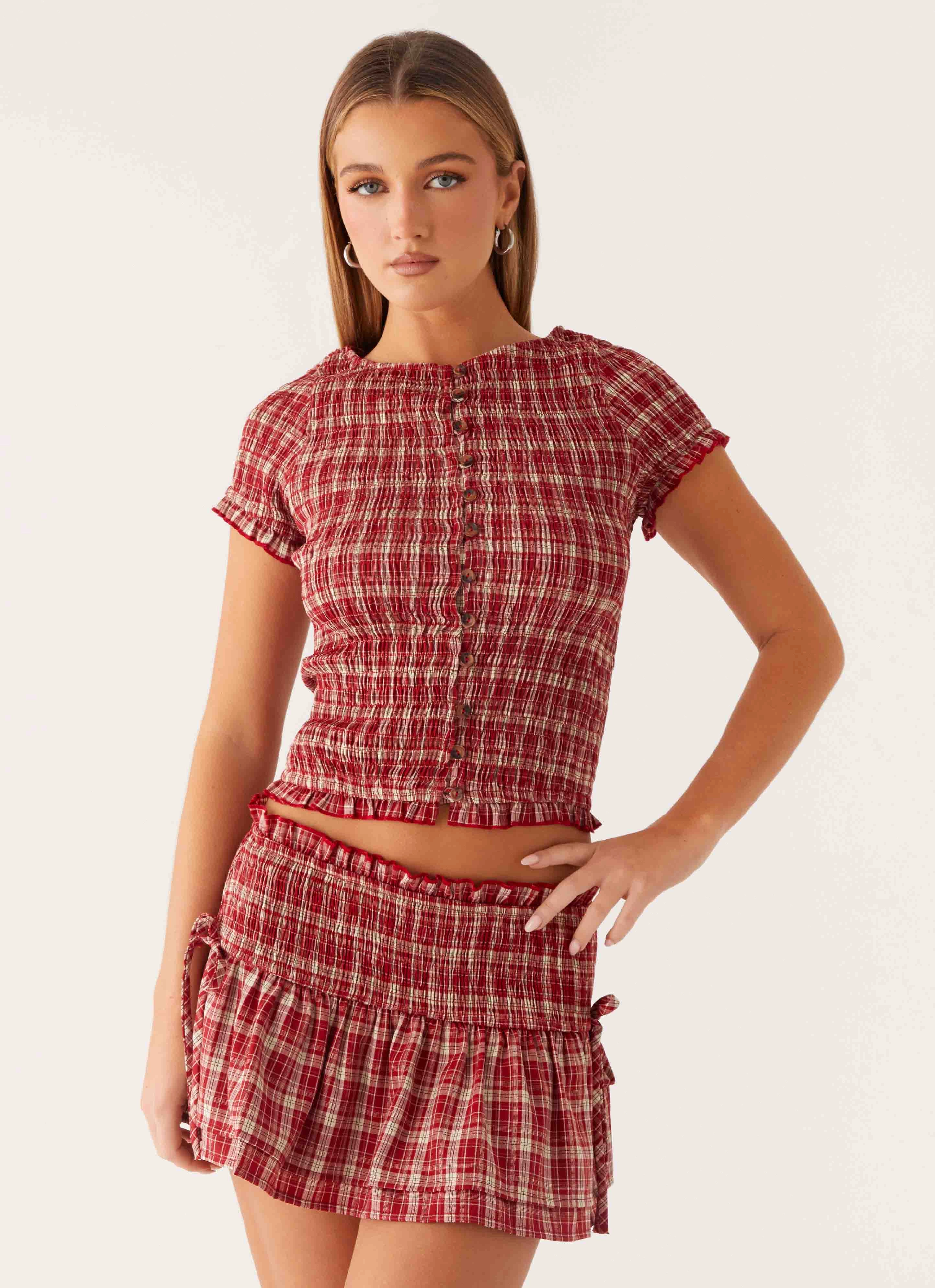 SlipResistant DoubleLayeredShoulders Lenore Button Top - Ruby Check