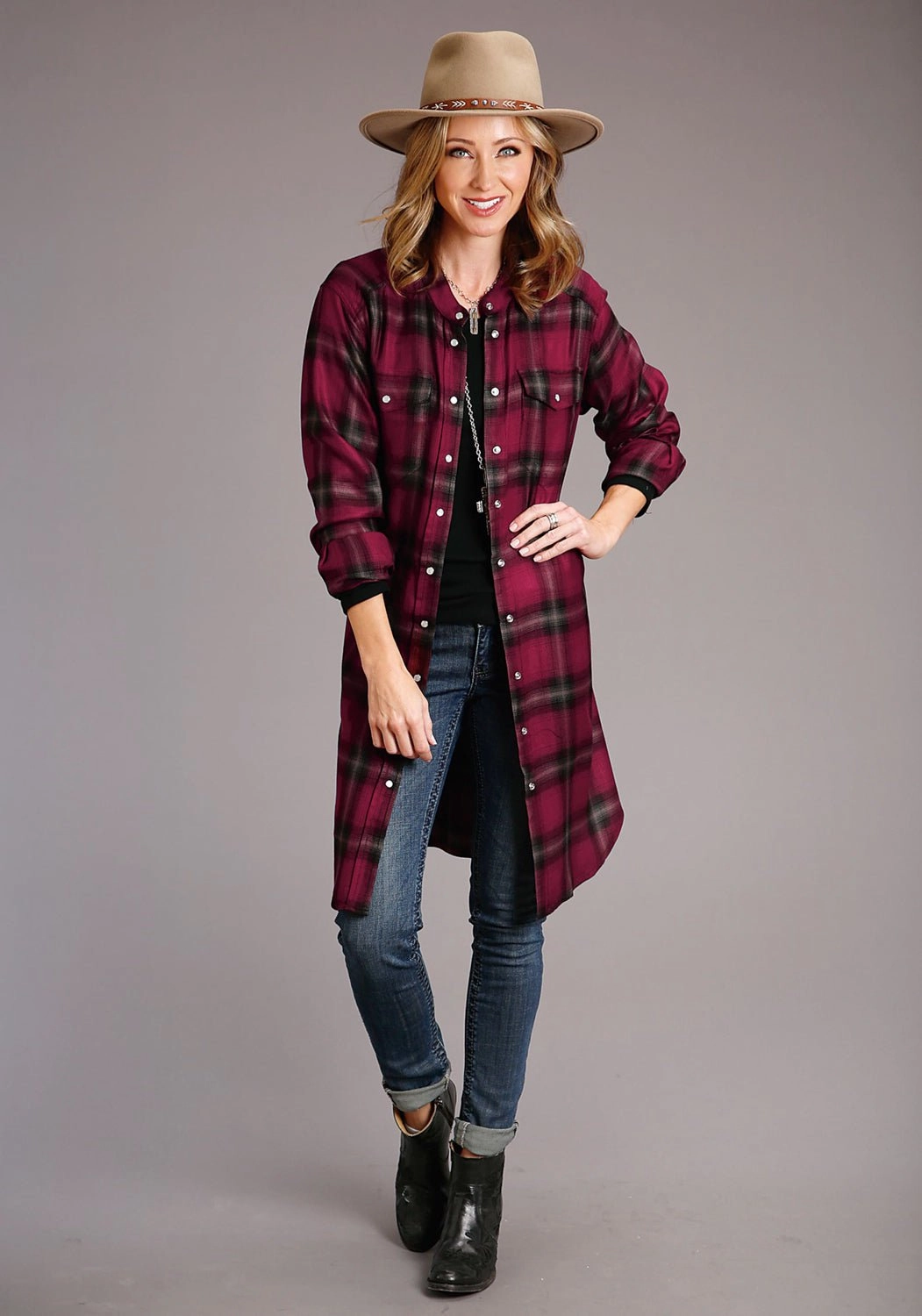 Stetson Womens Ombre Plaid Wine 100% Rayon L/S Dress Water Repellent Finish Luxe Layer