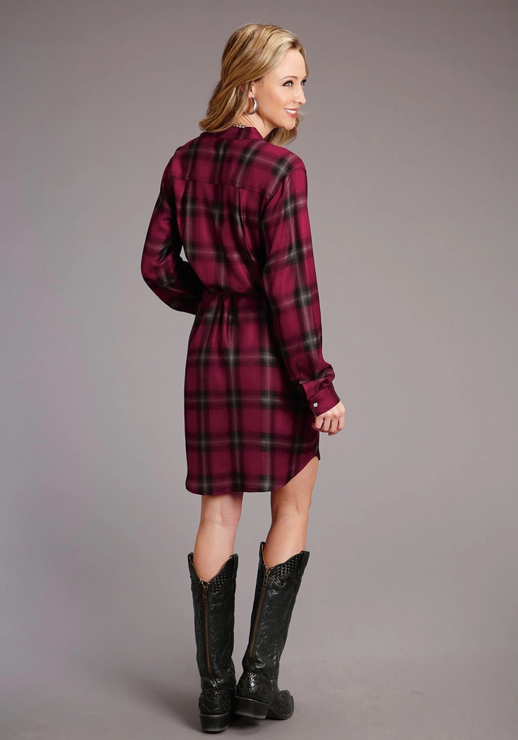 Travel Ready Low Maintenance Knit Stetson Womens Ombre Plaid Wine 100% Rayon L/S Dress