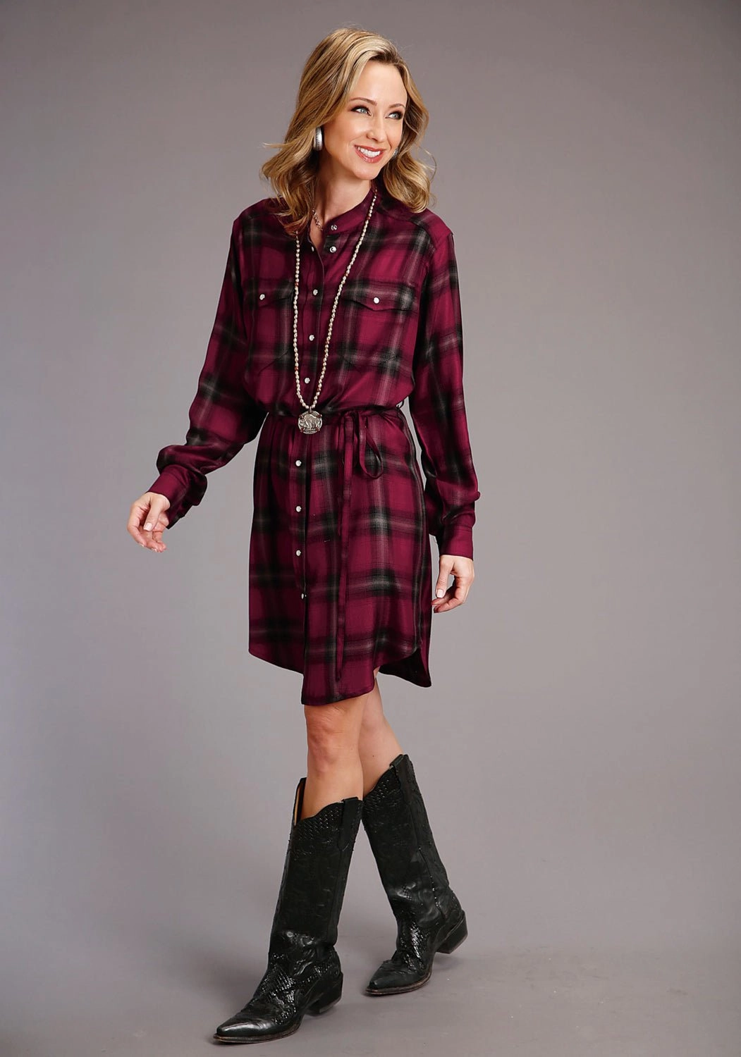 Cozy Comfort Fine Texture Stetson Womens Ombre Plaid Wine 100% Rayon L/S Dress