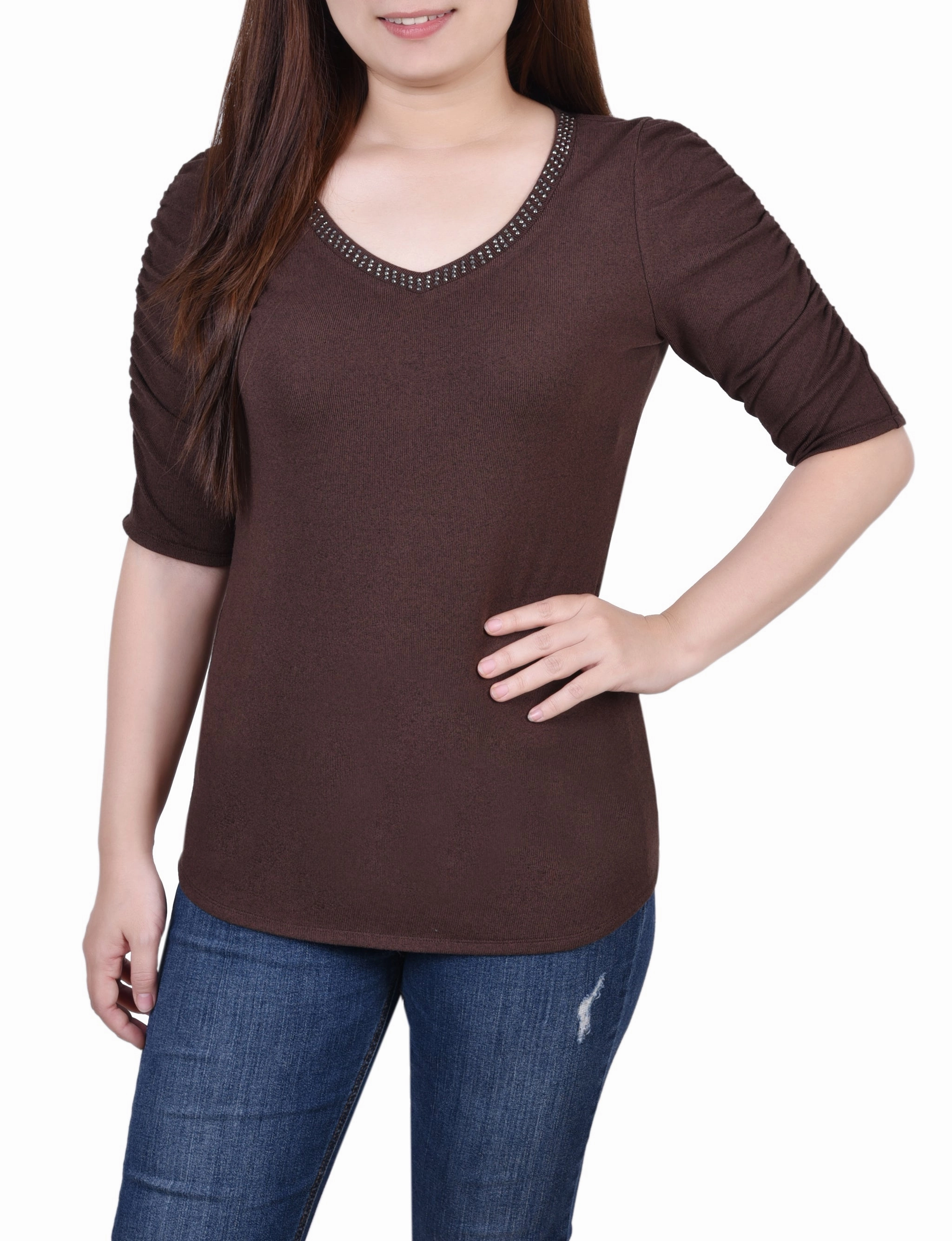 SoftInteriorLining Petite Rouched Sleeve Top