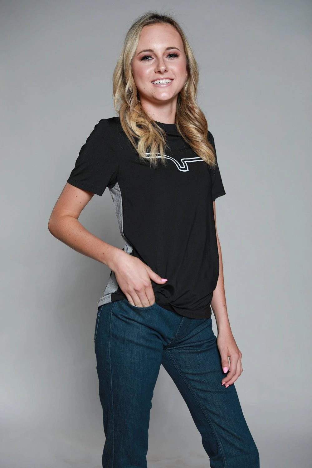 Kimes Ranch Womens Phase 2 Tech Tee Black Polyester Blend S/S T-Shirt Seamless Side Panels Holiday Gift