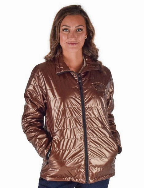 Cowgirl Tuff Womens Horizontal Midweight Copper Polyester Softshell Jacket RibbedKnitCollar Ethical Manufacturing