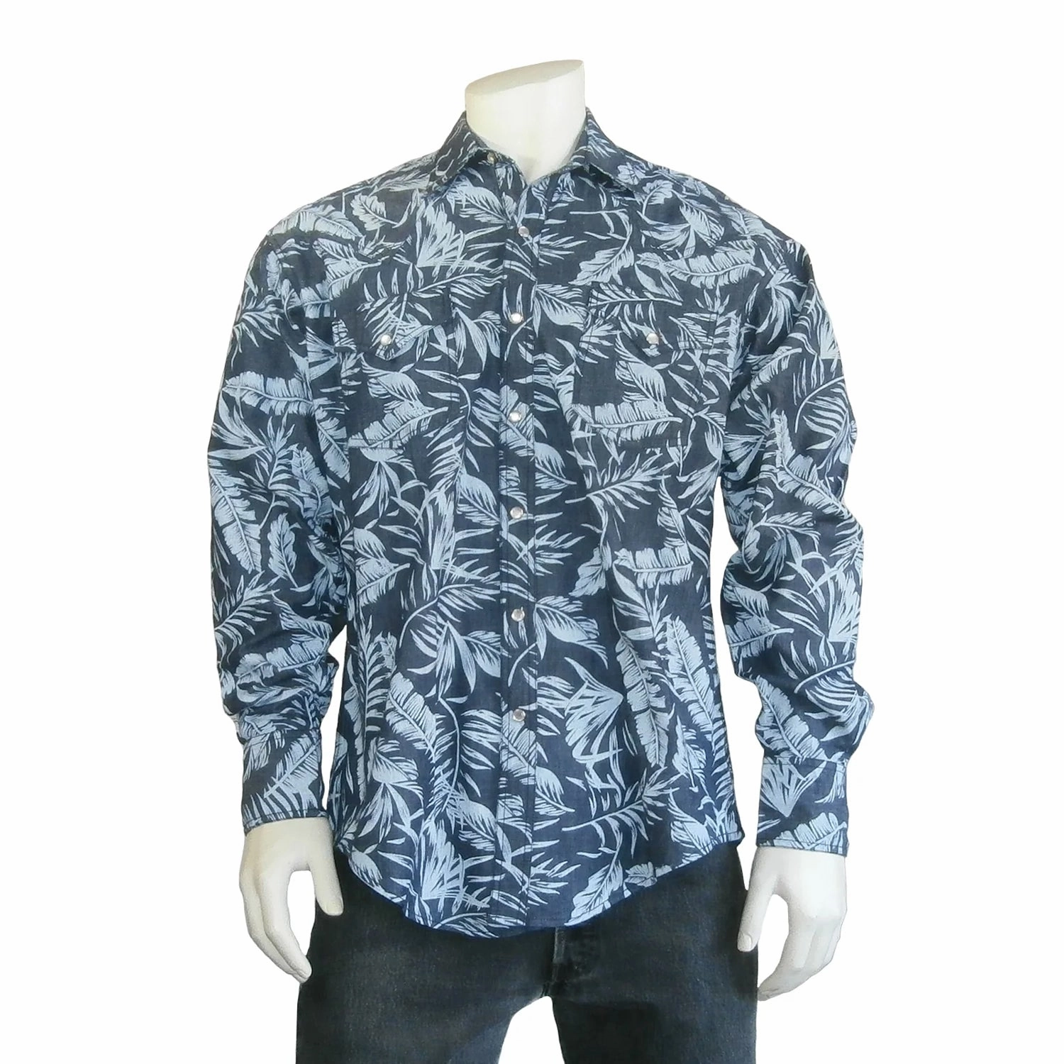 Lace Accent Rockmount Mens Floral Print Denim 100% Cotton L/S Shirt