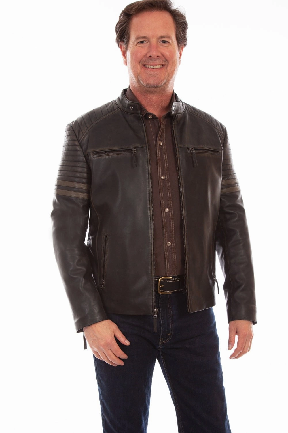 Crisp Detail Non Restrictive Cut Scully Mens Black Lamb Leather Zip Racer Jacket