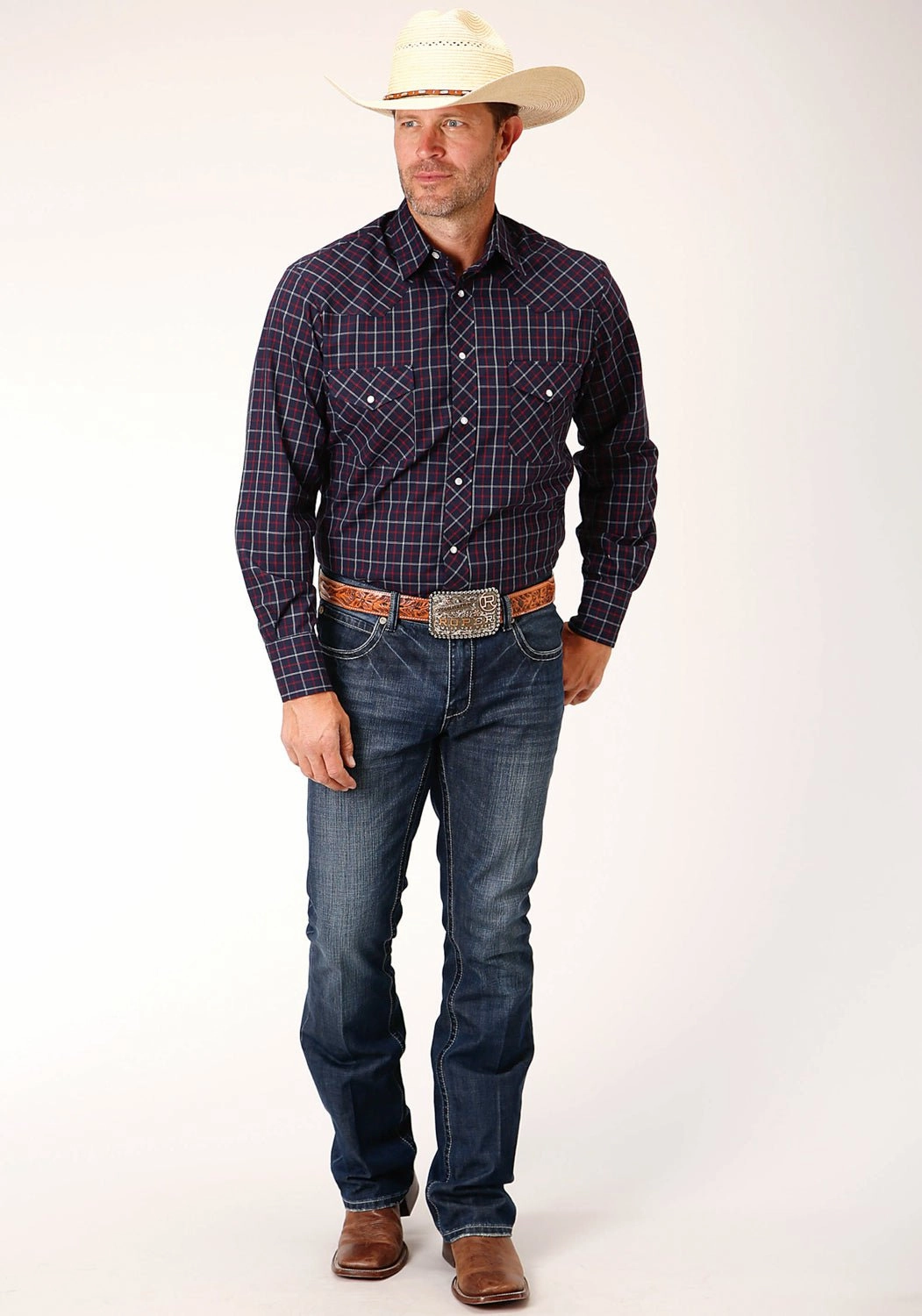 Vibrant Colors Winter Collection Roper Mens 55/45 Windowpane Navy/White Cotton Blend L/S Shirt