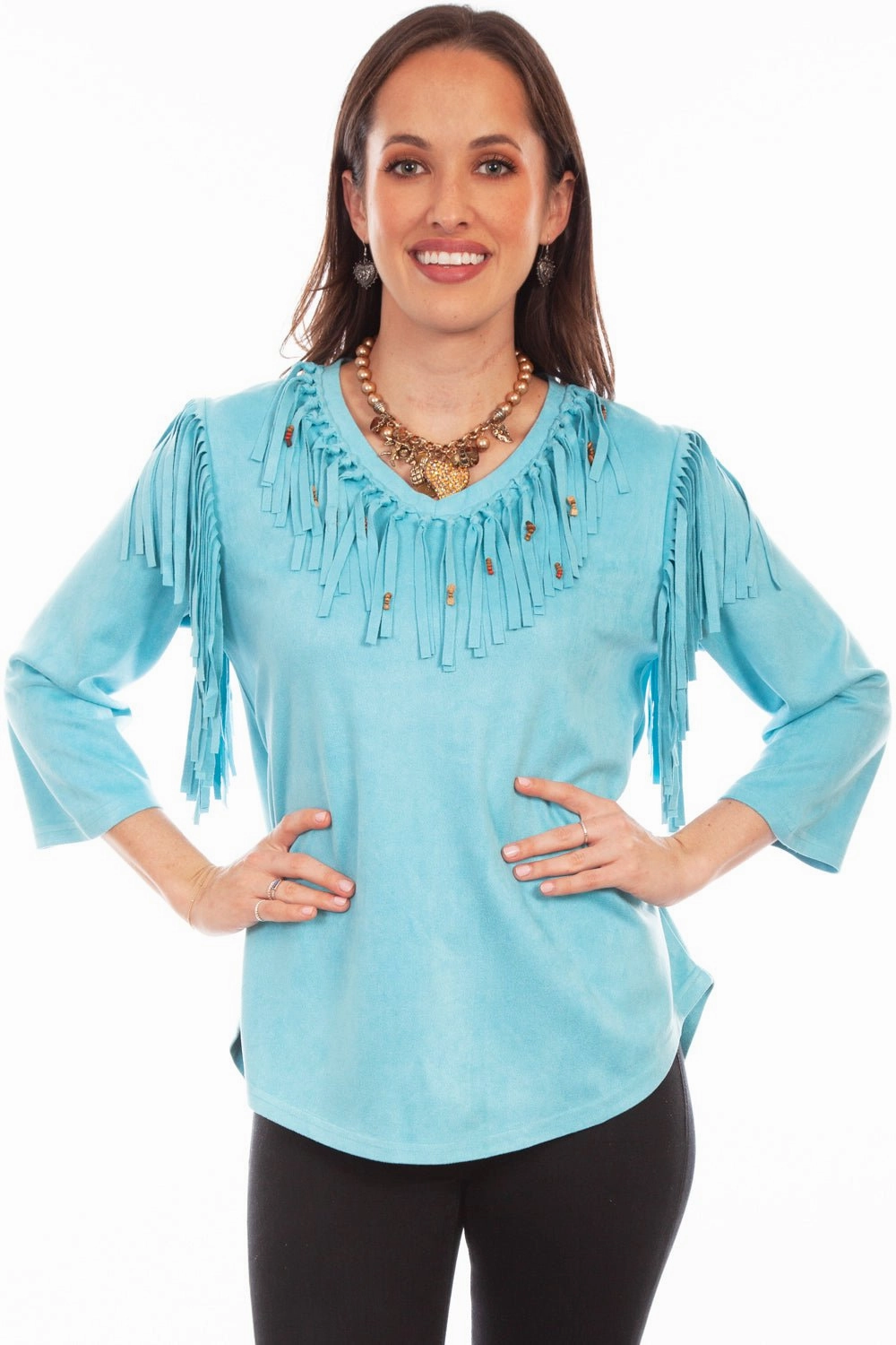 Slim Silhouette Scully Womens Pullover Fringe Turquoise Poly/Spandex S/S Tunic