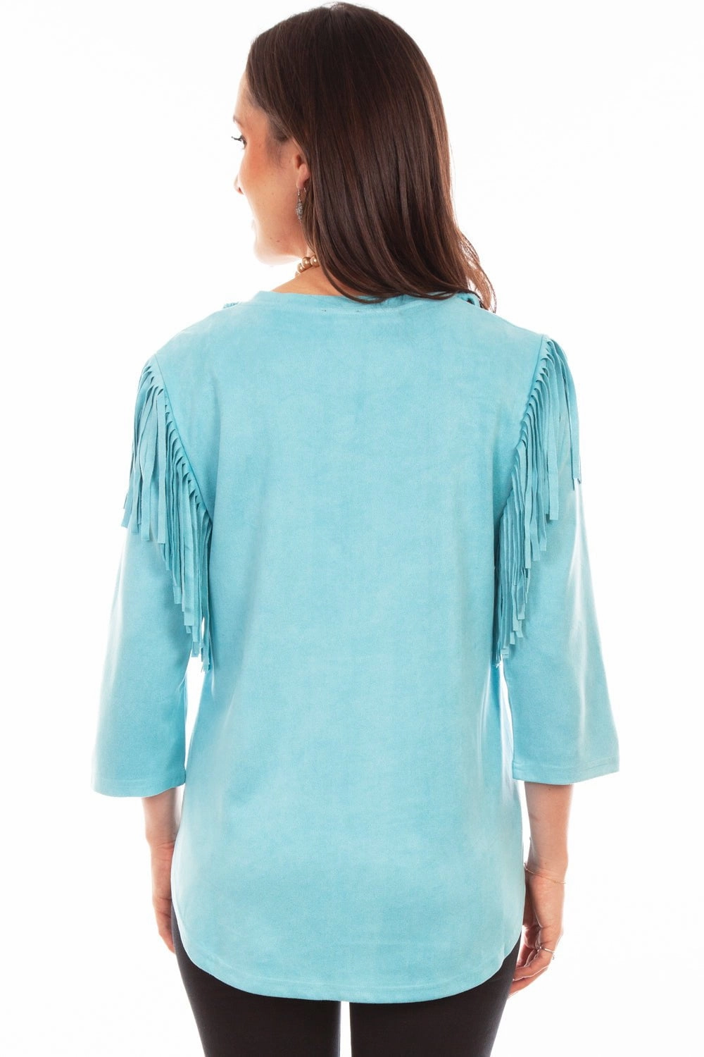 Fashion Forward Flexible Placket Structure Scully Womens Pullover Fringe Turquoise Poly/Spandex S/S Tunic
