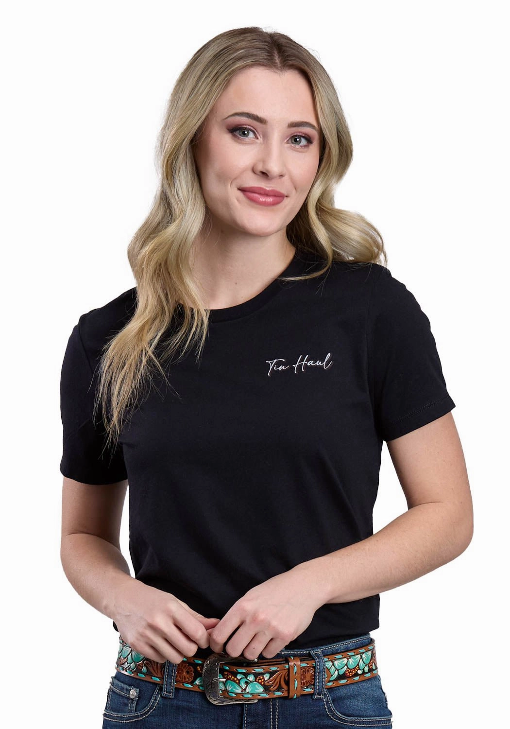 Tin Haul Womens Running Horses Collage Black Cotton Blend S/S T-Shirt Coffee Run Stretch Fabric