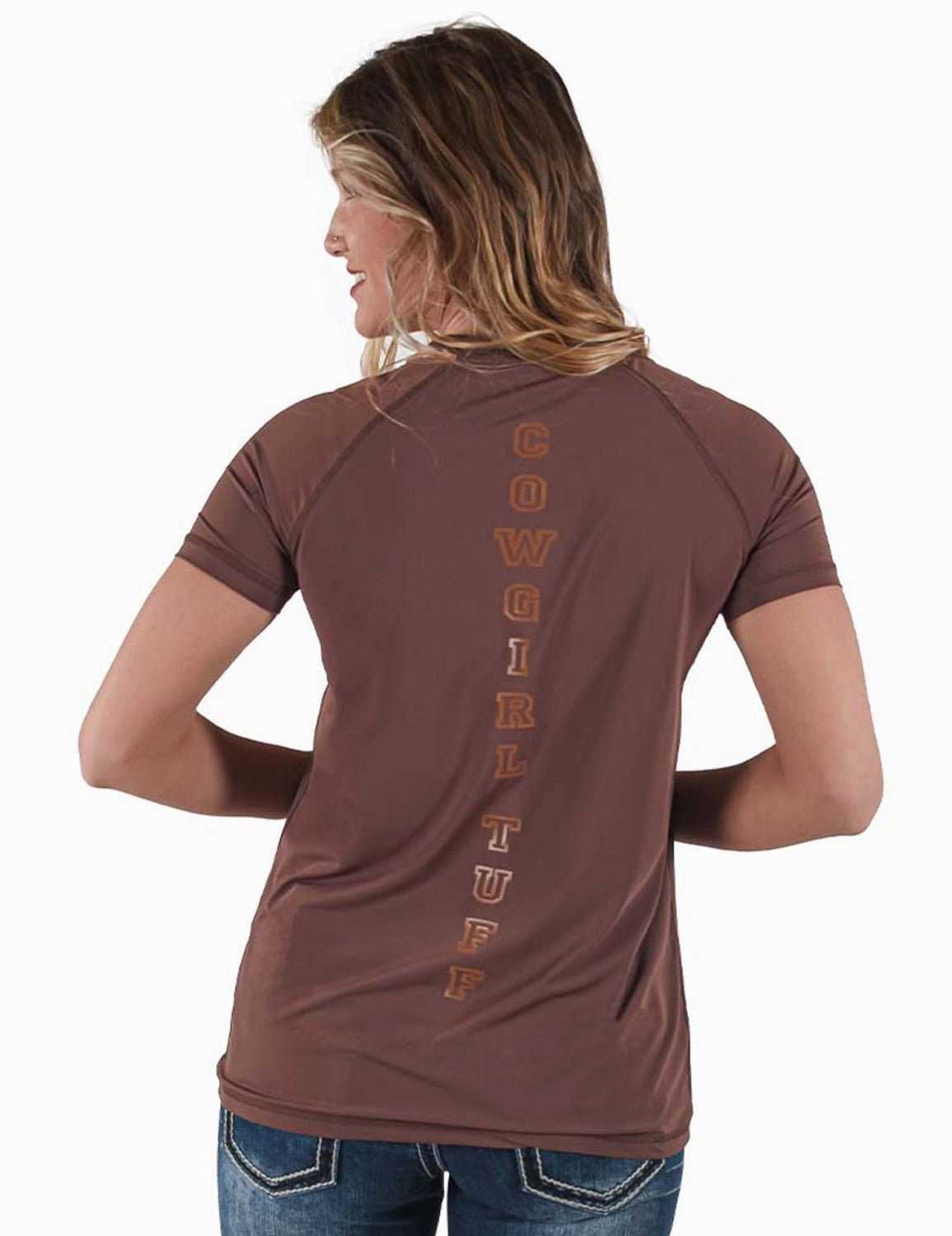Sustainable Weave Smooth Zipper Design Cowgirl Tuff Womens Cooling UPF Raglan Baseball Brown Nylon S/S T-Shirt