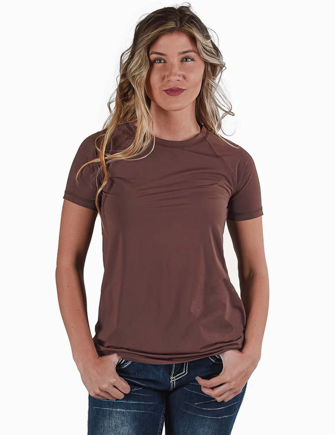 Cowgirl Tuff Womens Cooling UPF Raglan Baseball Brown Nylon S/S T-Shirt Team Building Glossy Texture