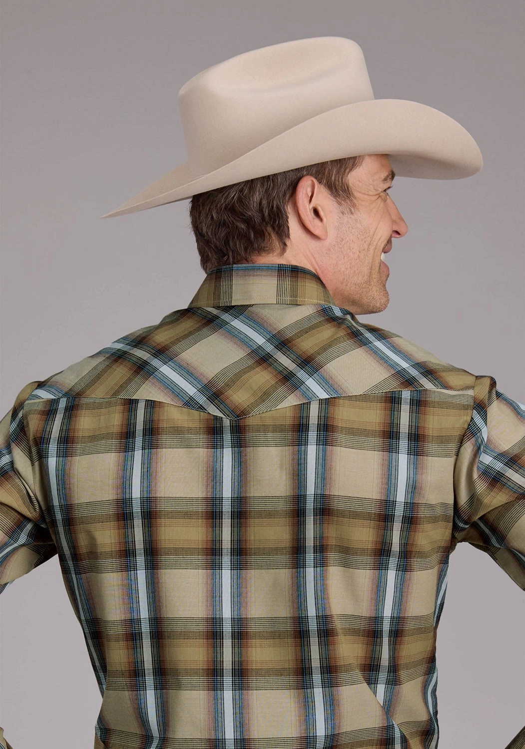 Roper Mens 2410 Plaid Tan Cotton Blend L/S Shirt Hooded Option Black Tie Optional