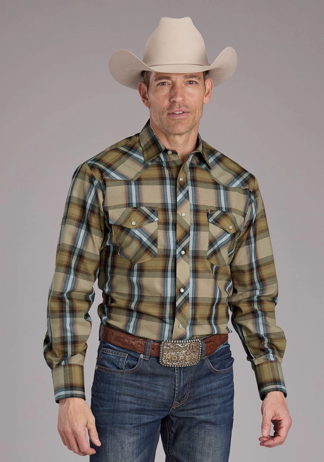 Active Wear Roper Mens 2410 Plaid Tan Cotton Blend L/S Shirt