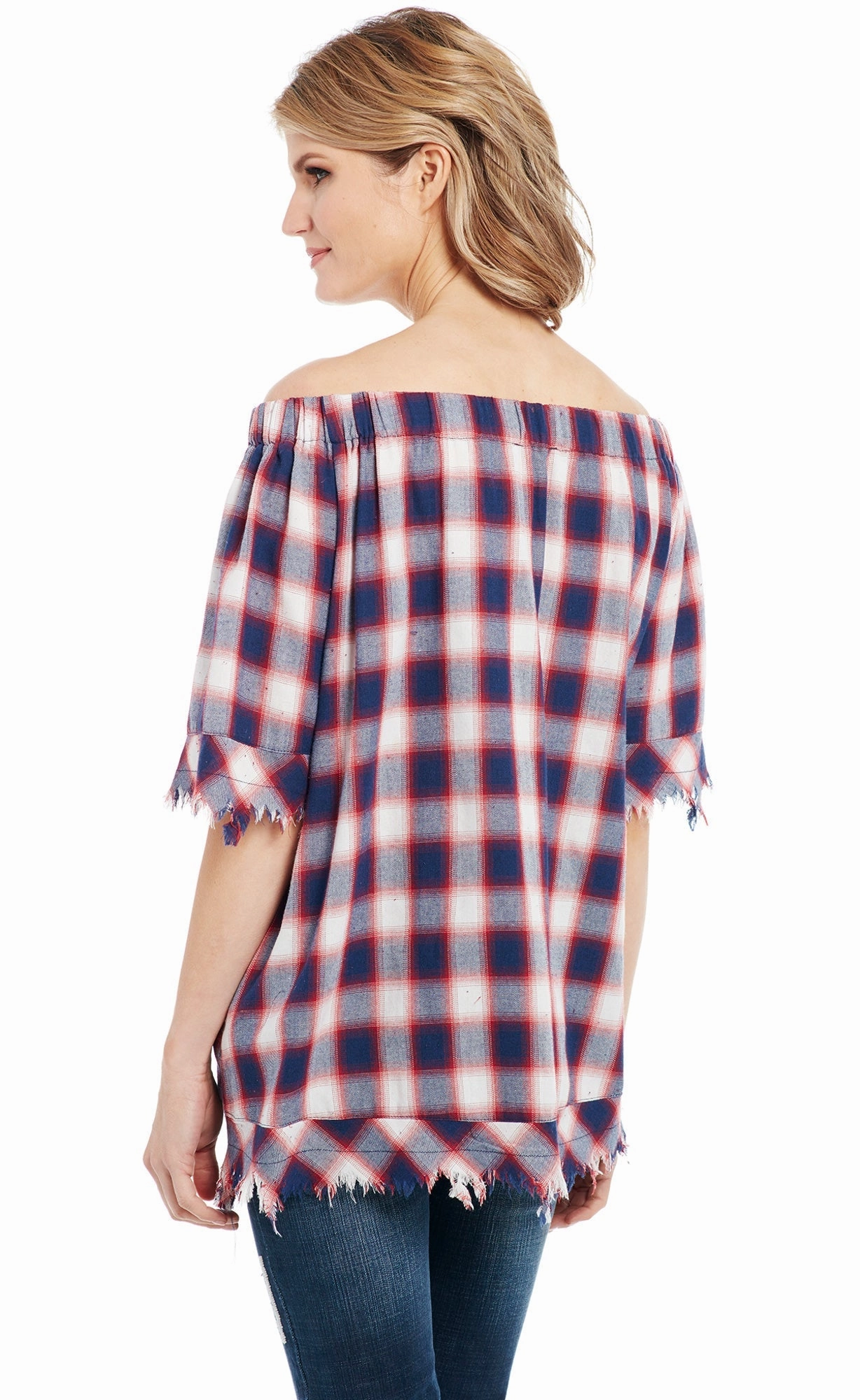 Cowgirl Up Womens Red/Blue 100% Cotton Raw Edge Fringe Plaid Tunic S/S Timeless Piece