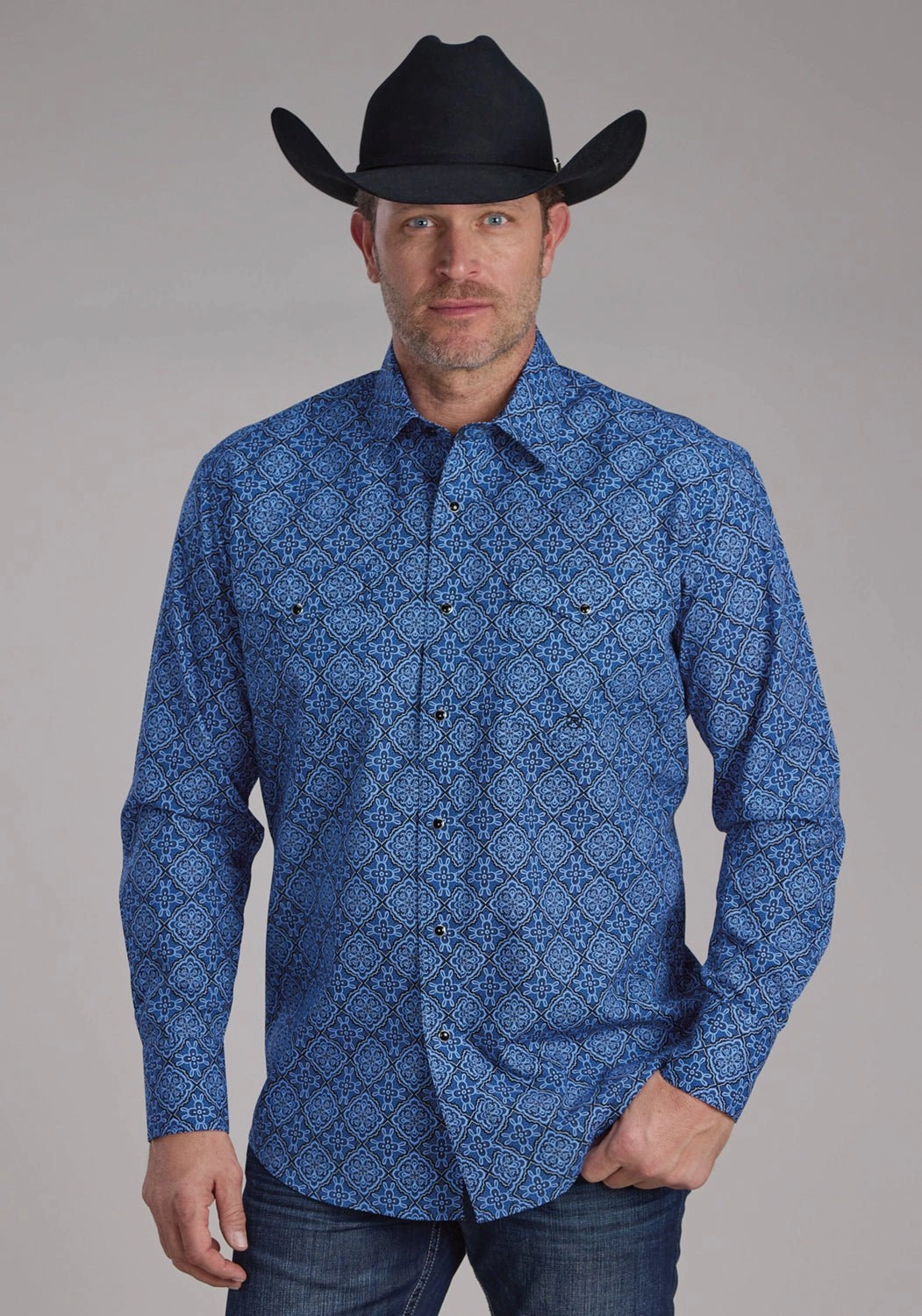 Roper Mens 2251 Sapphire Ornamental Blue 100% Cotton L/S Shirt Low Maintenance