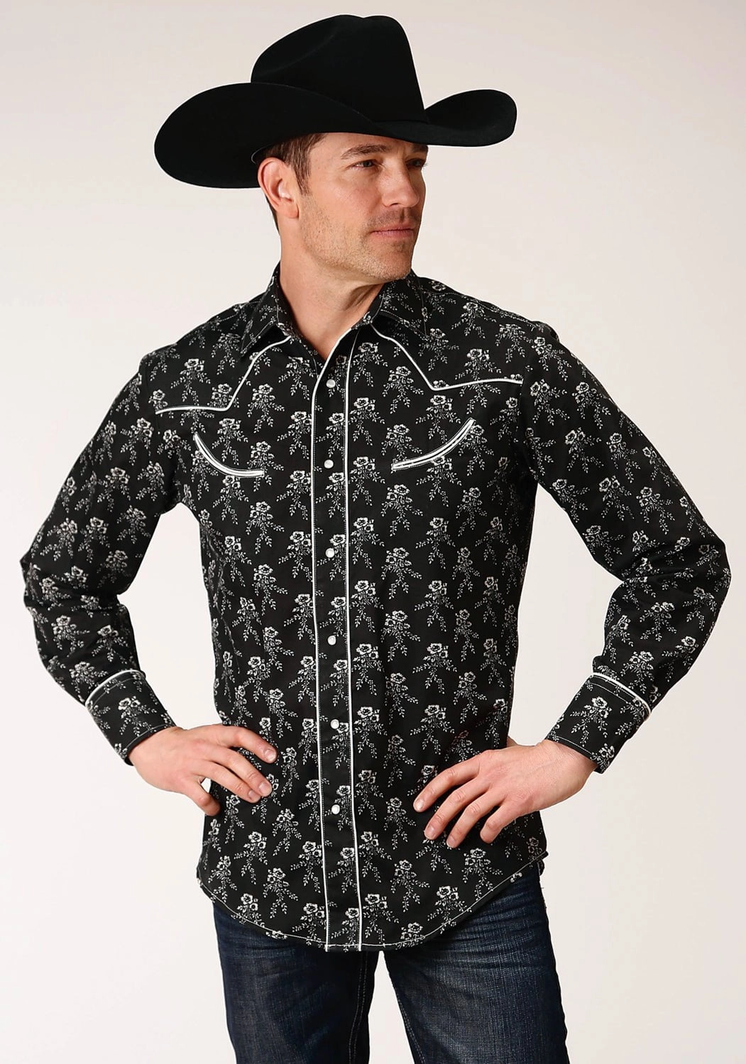 Durable Button Closures Morning Comfort Roper Mens Black/Cream Cotton Blend Floral L/S Shirt