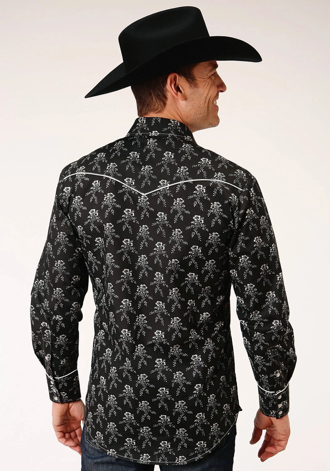 Polished Look Holiday Gift Roper Mens Black/Cream Cotton Blend Floral L/S Shirt