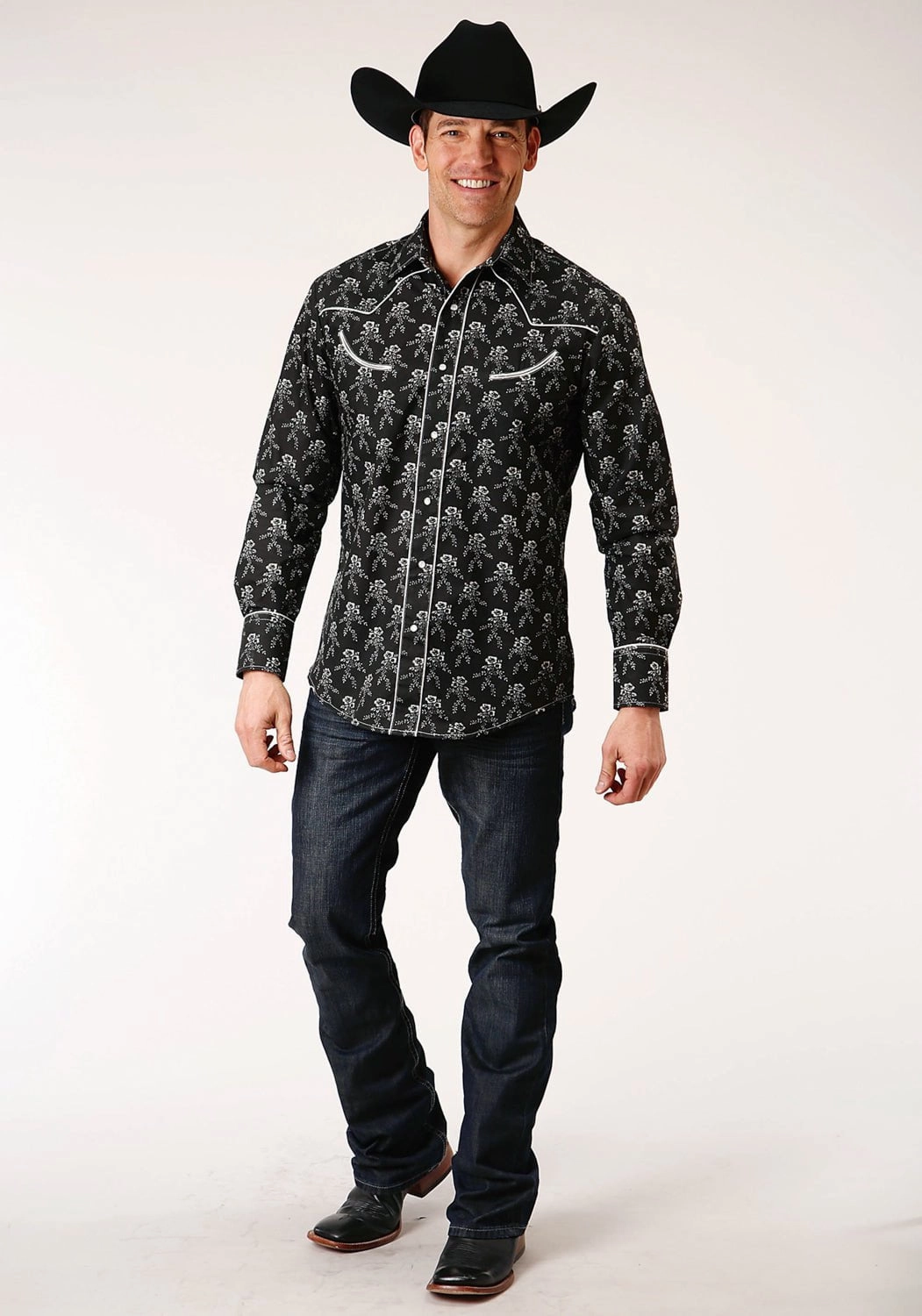 Roper Mens Black/Cream Cotton Blend Floral L/S Shirt Button Down Design Resort Wear