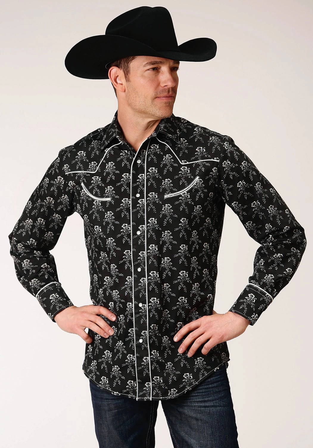 Effortless Comfort Unique Design Roper Mens Black/Cream Cotton Blend Floral L/S Shirt