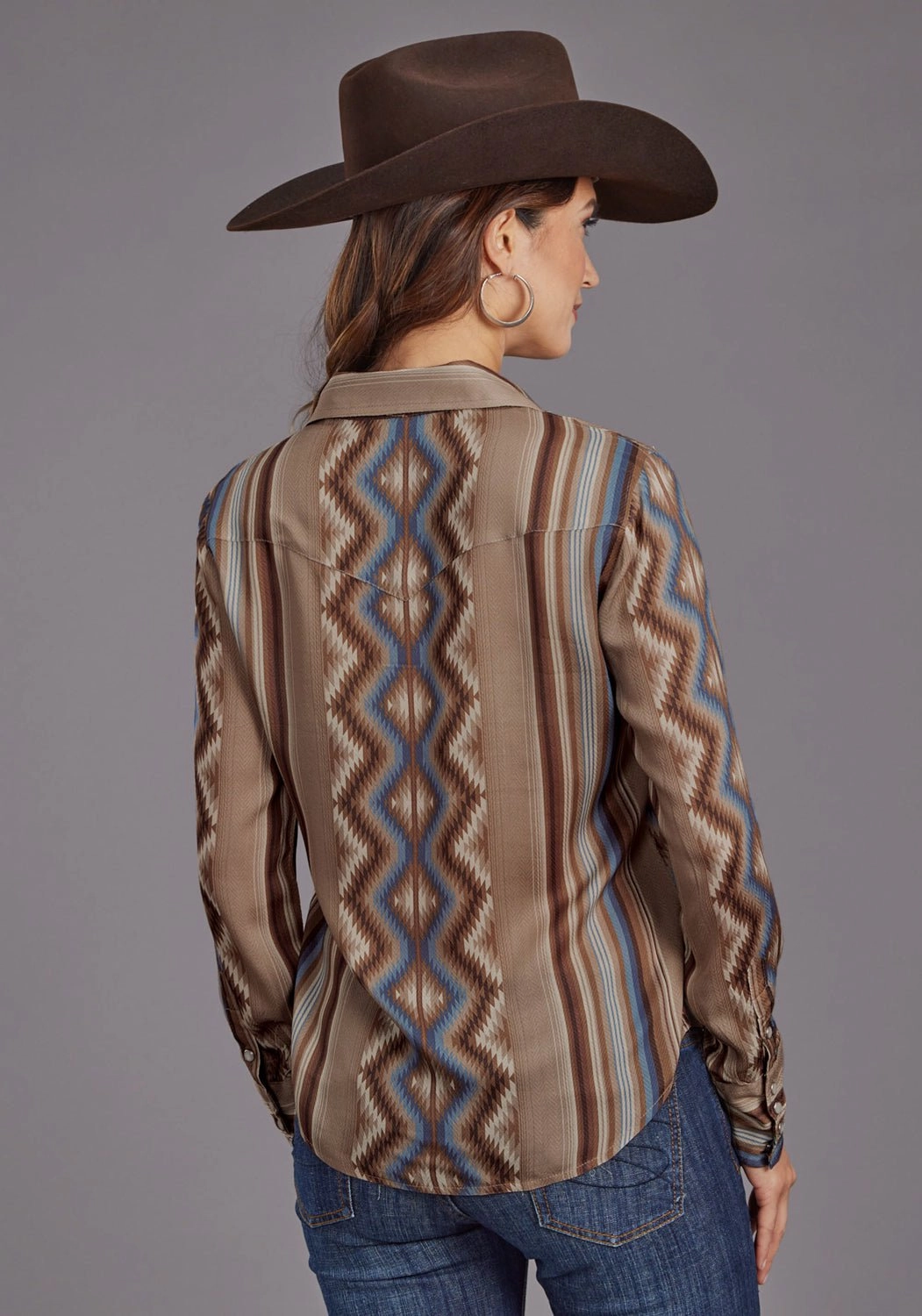 Stetson Womens Serape Herringbone Sand 100% Rayon L/S Blouse BBQ Party