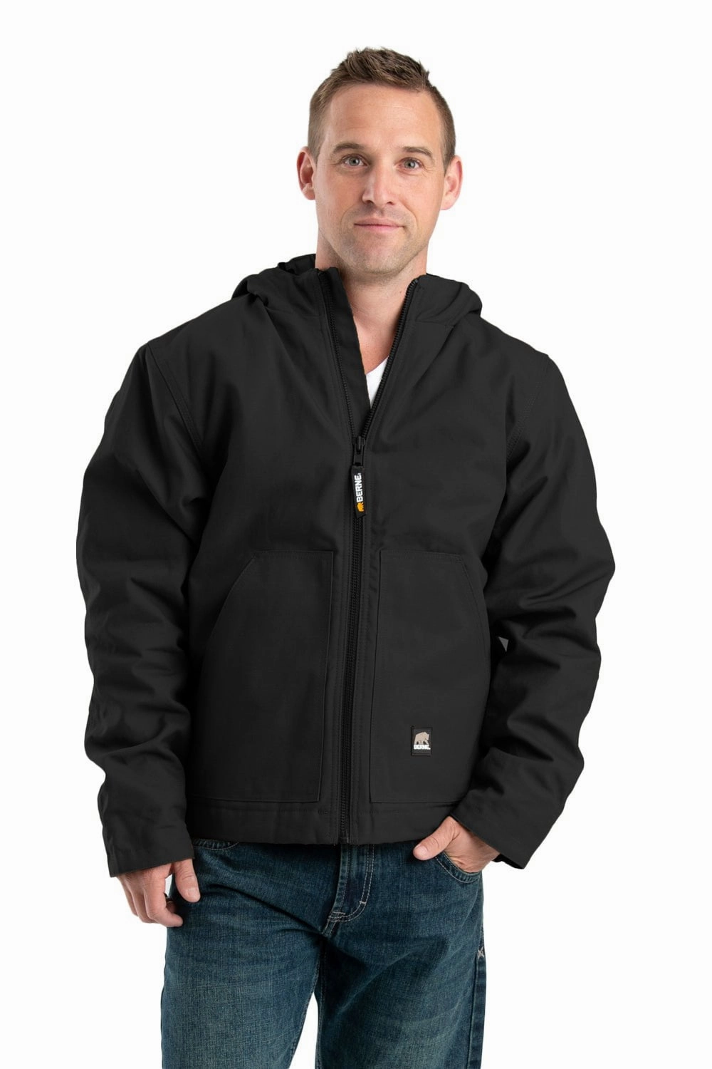 Berne Mens Black 100% Cotton Heritage Duck Hooded Jacket Noise Reduced Fabrics Relaxed Layers