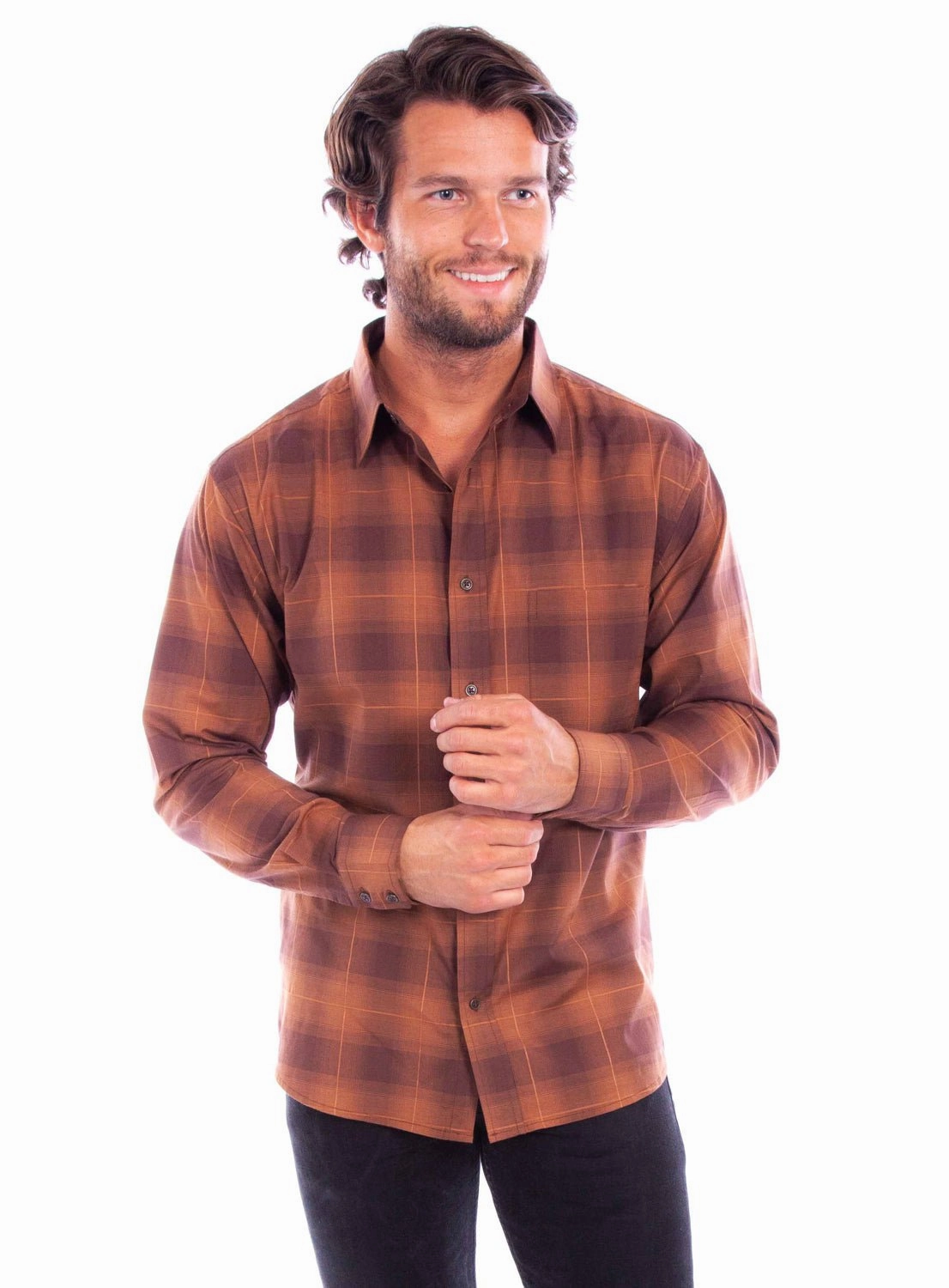Scully Mens Worn Outs Plaid Brown 100% Cotton L/S Shirt Special Occasion Microfiber Material