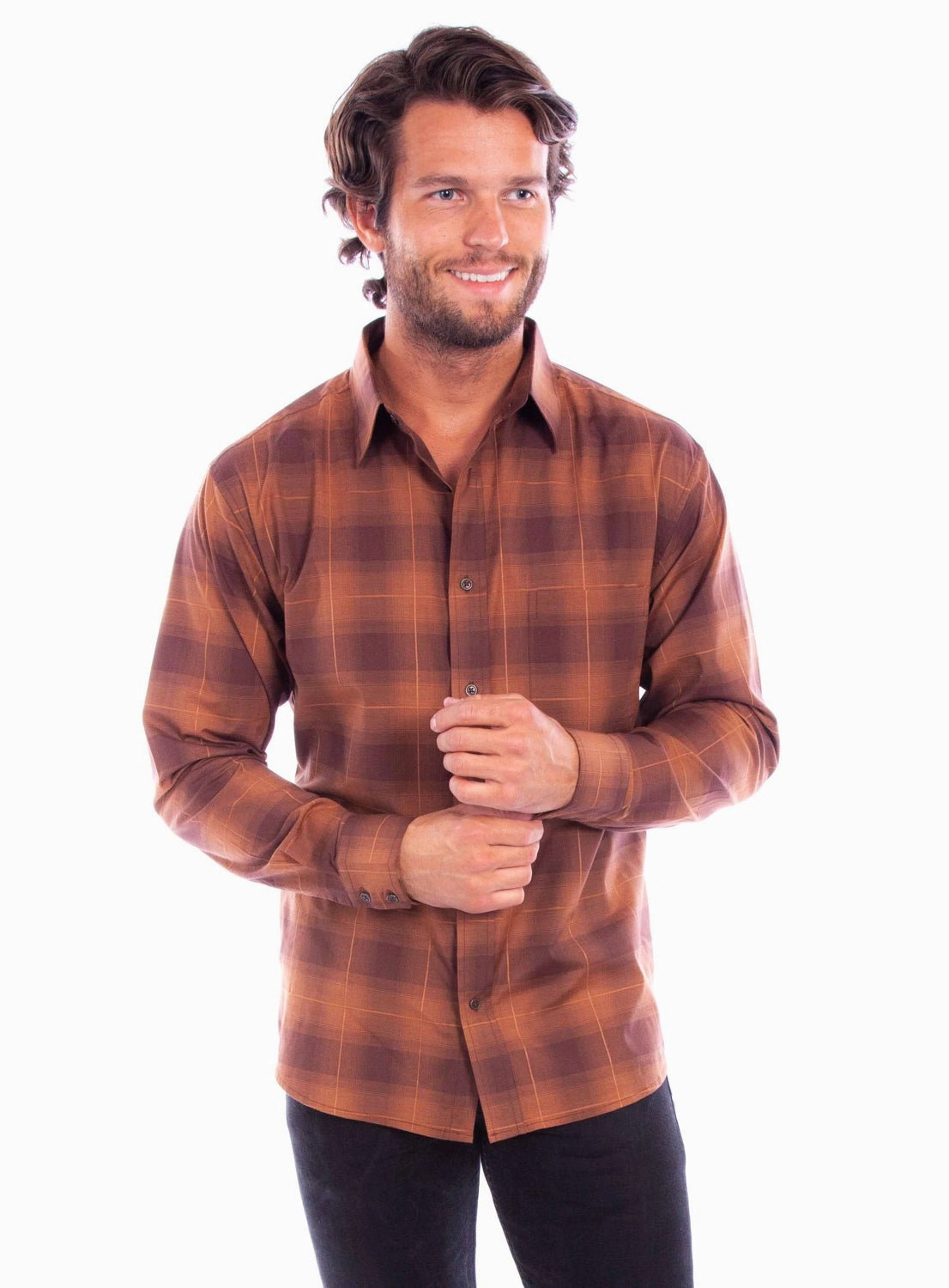 Scully Mens Worn Outs Plaid Brown 100% Cotton L/S Shirt Non-irritating