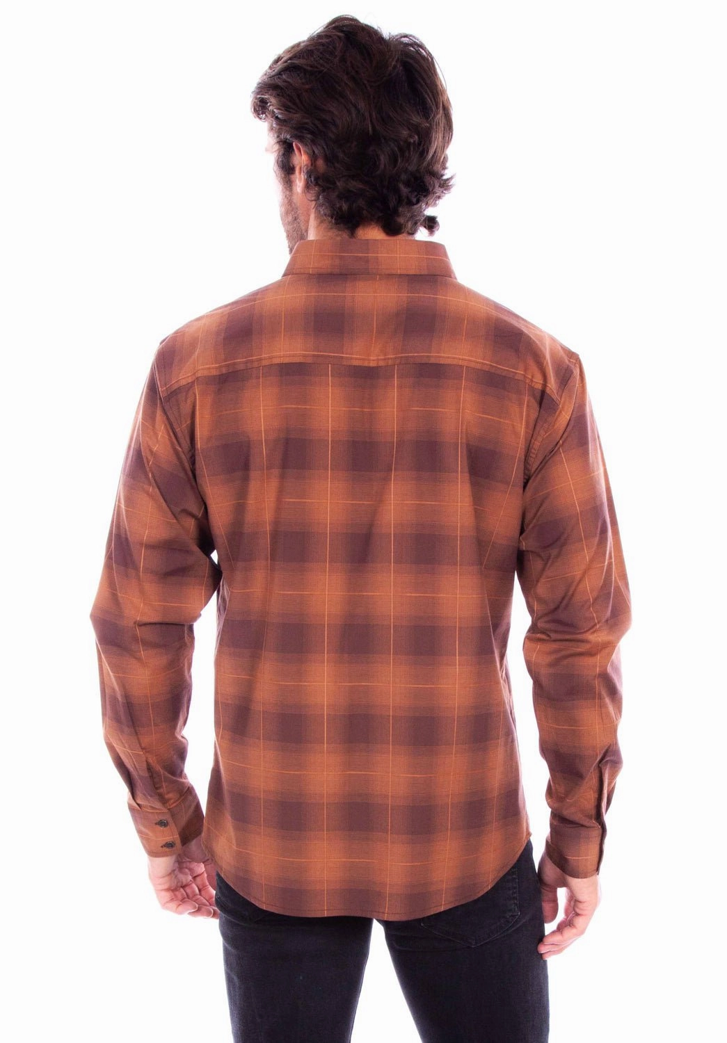Scully Mens Worn Outs Plaid Brown 100% Cotton L/S Shirt Adjustable Hem Customizable Design